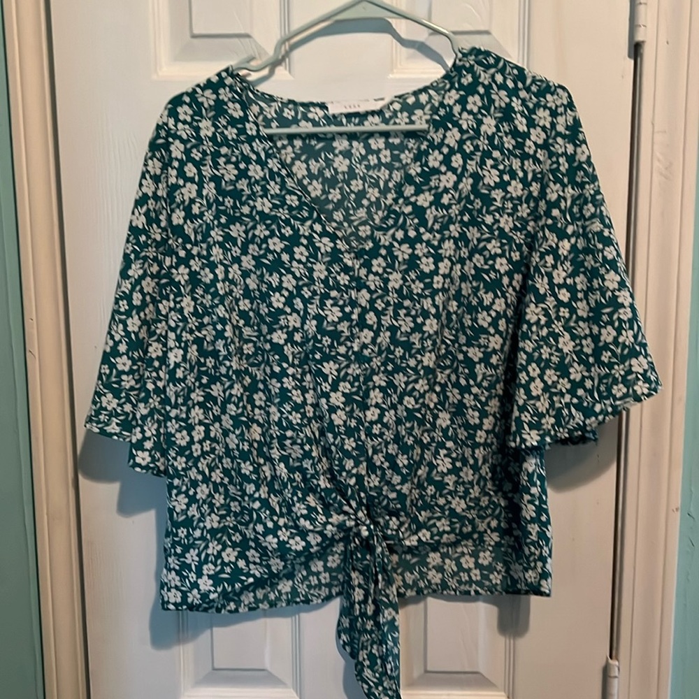 Green floral tie blouse